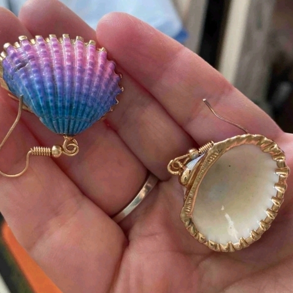 Gold statement earrings blue pink seashell boho mermaid beach tropical 💖2/$30 - Picture 7 of 13